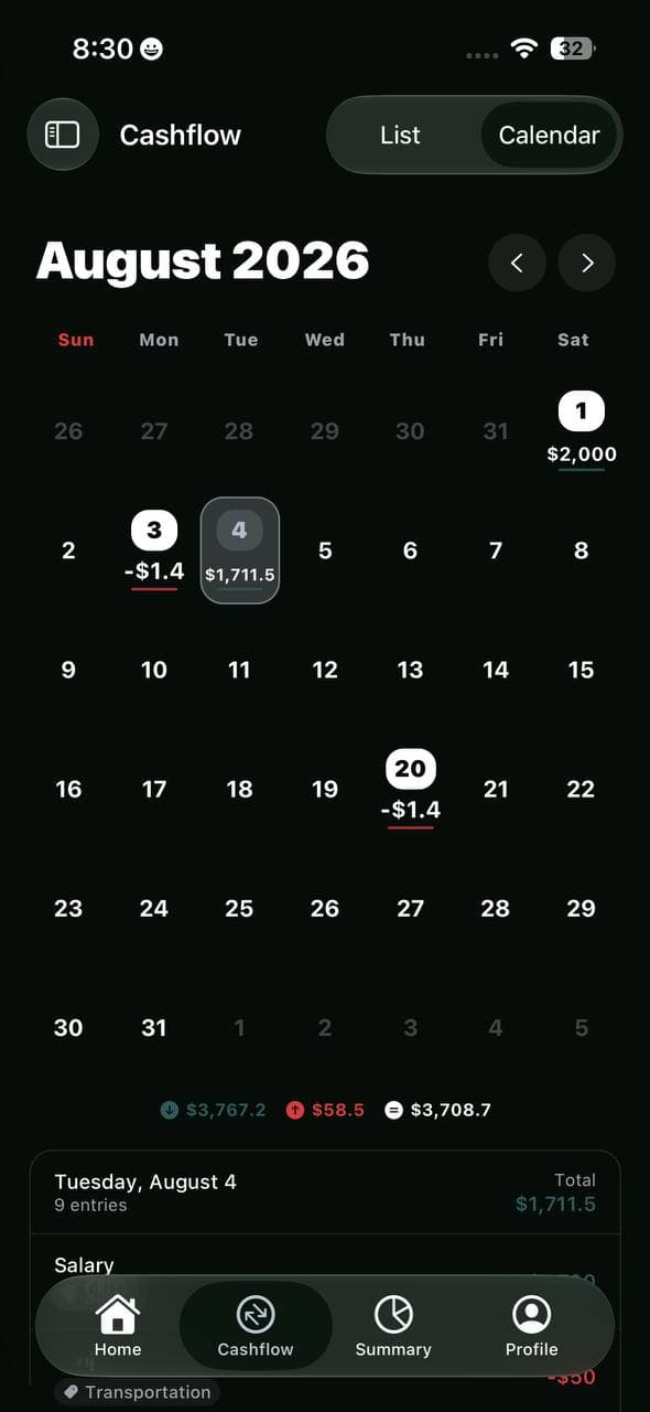 Calendar screen in English