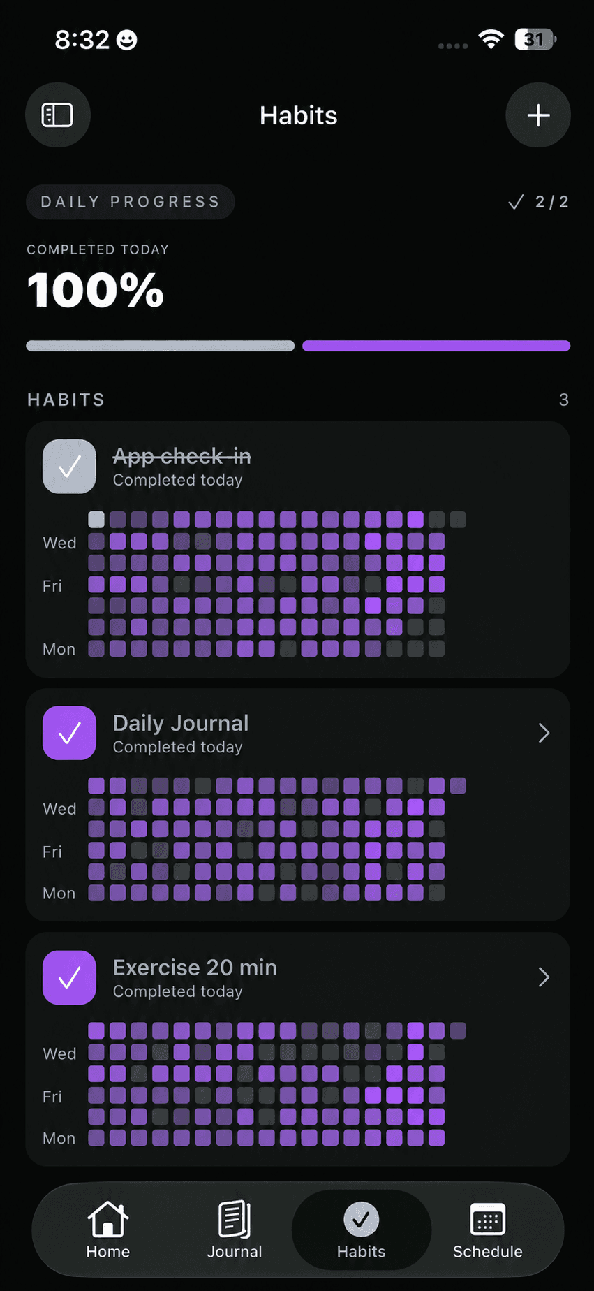 Habits screen in English
