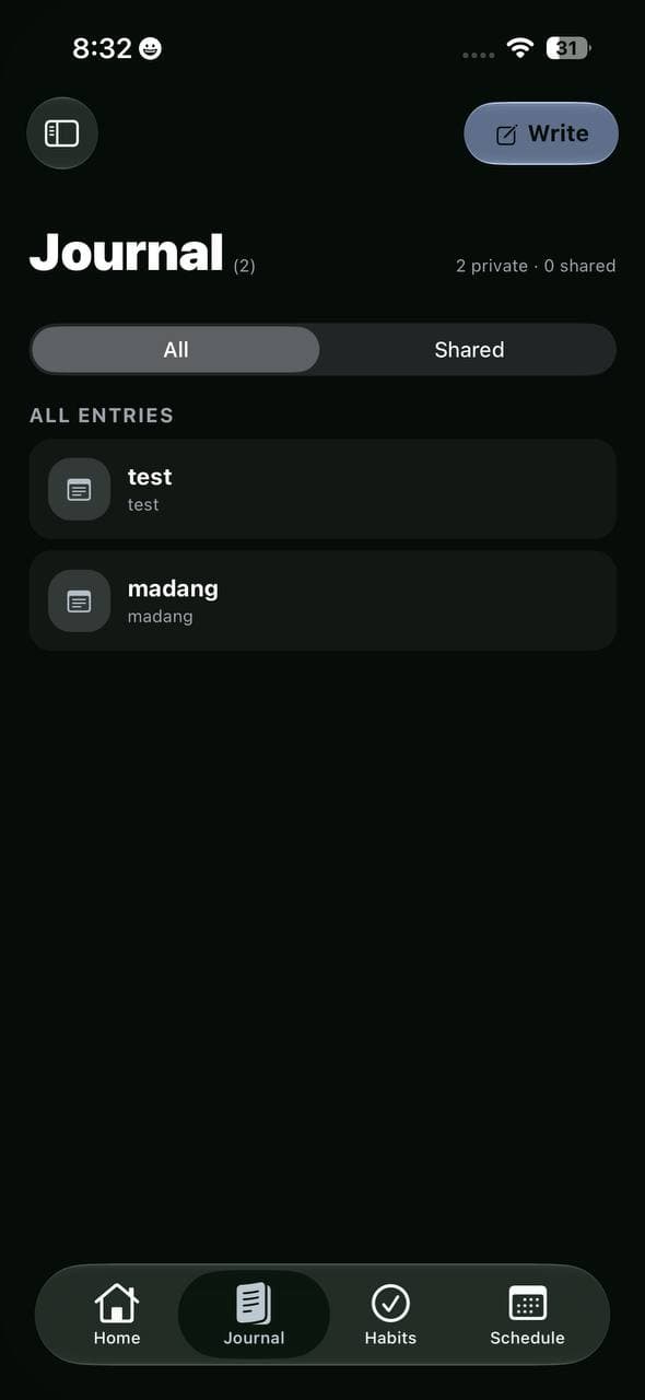 Journal screen in English