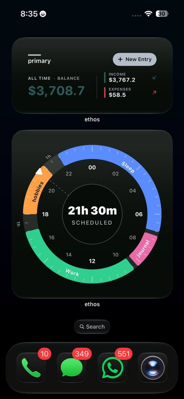 Widgets screen in English