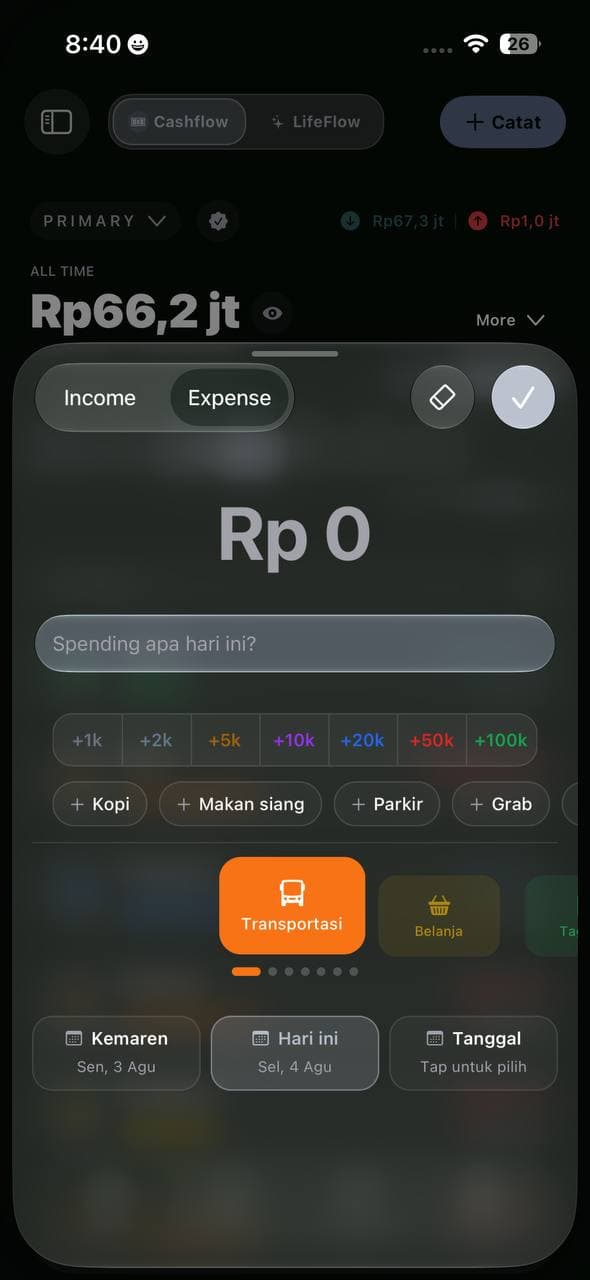 Quick entry screen in Indonesian
