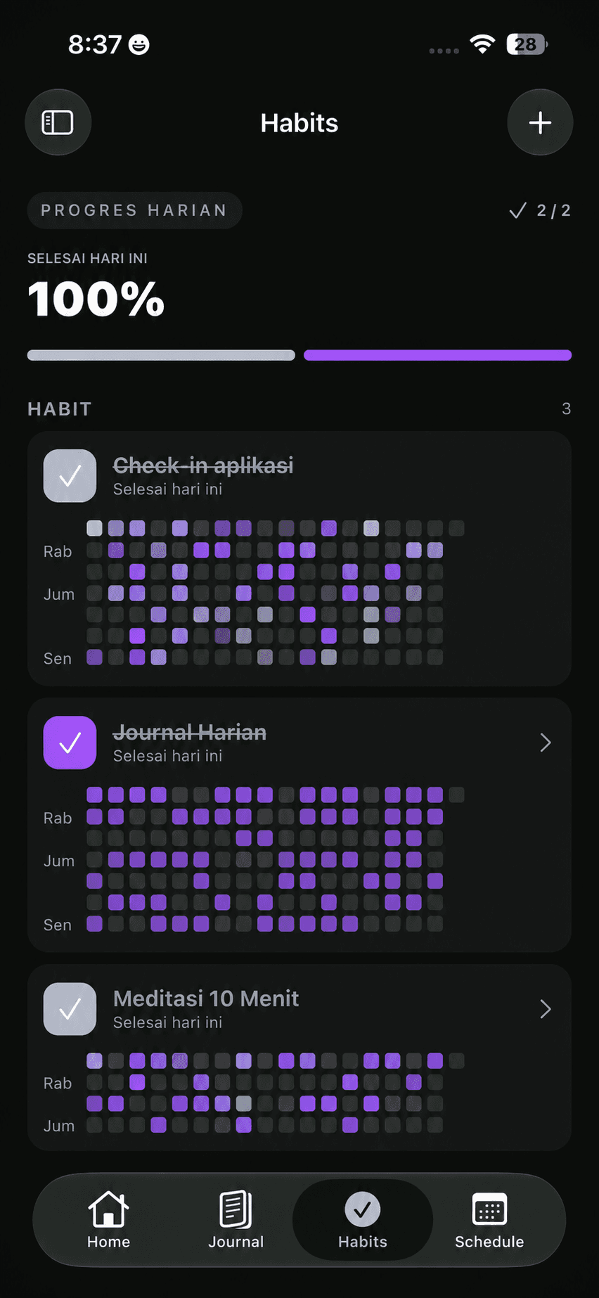 Habits screen in Indonesian