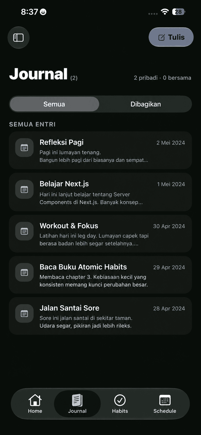 Journal screen in Indonesian